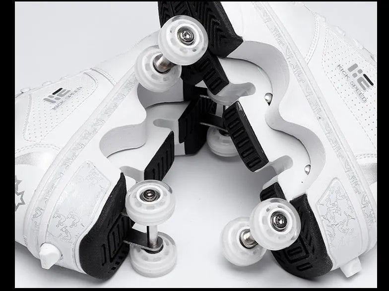 Double row roller skates with ABS wheels, shown in black or white, sizes EUR33 to EUR42