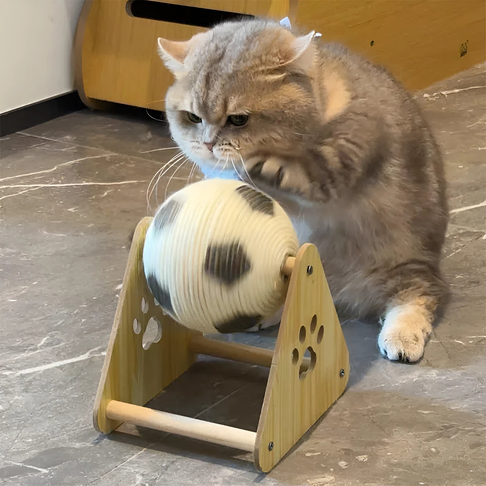 Vertical wooden cat scratch board with sisal rope surface in football style for claw grinding