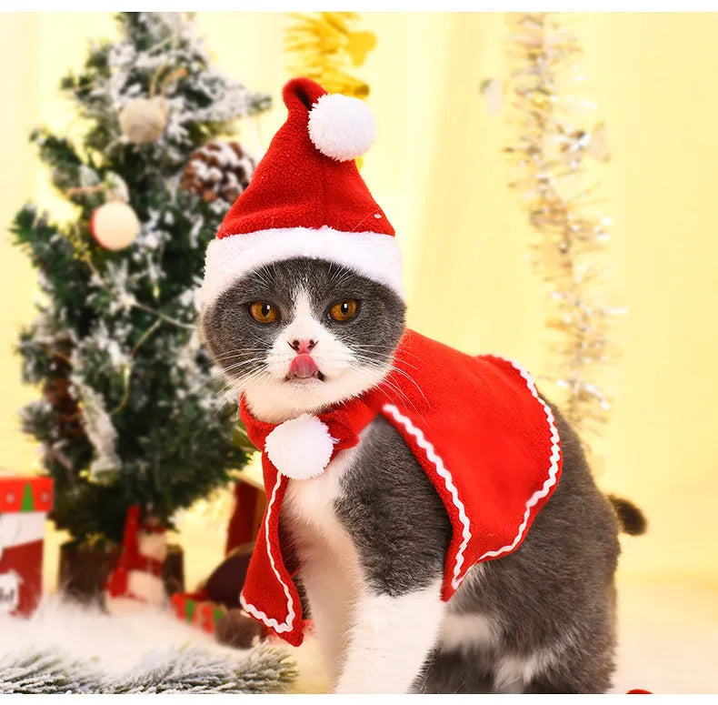 Red polyester pet Christmas suit with hat and cloak for cats and dogs, woven plain weave, embossing, sizes S M L