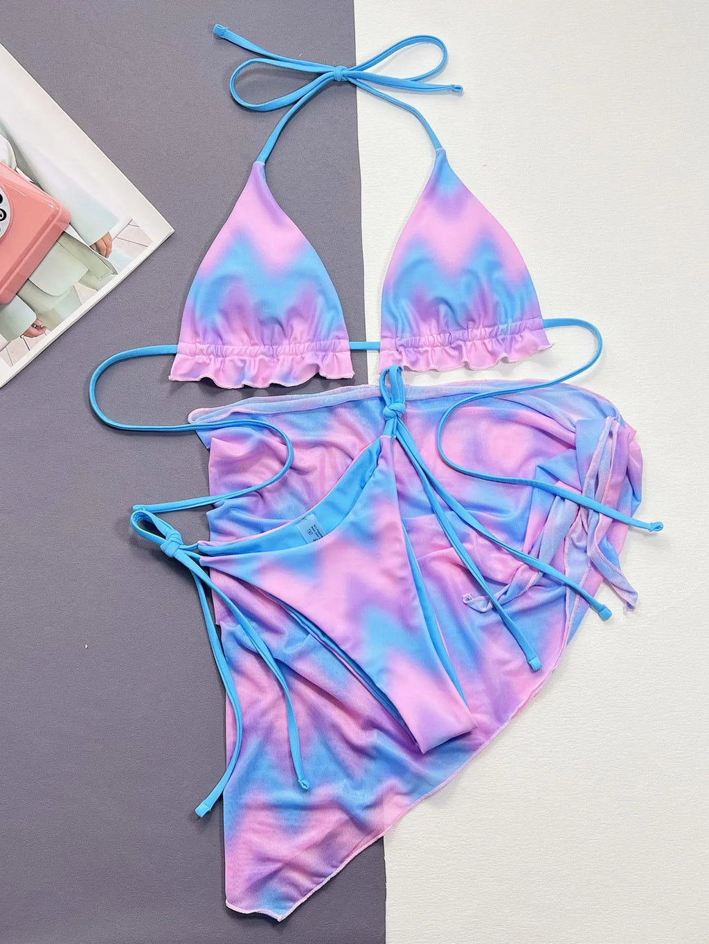 Women's split tie-dye swimsuit bikini set with polyester lining for swimming