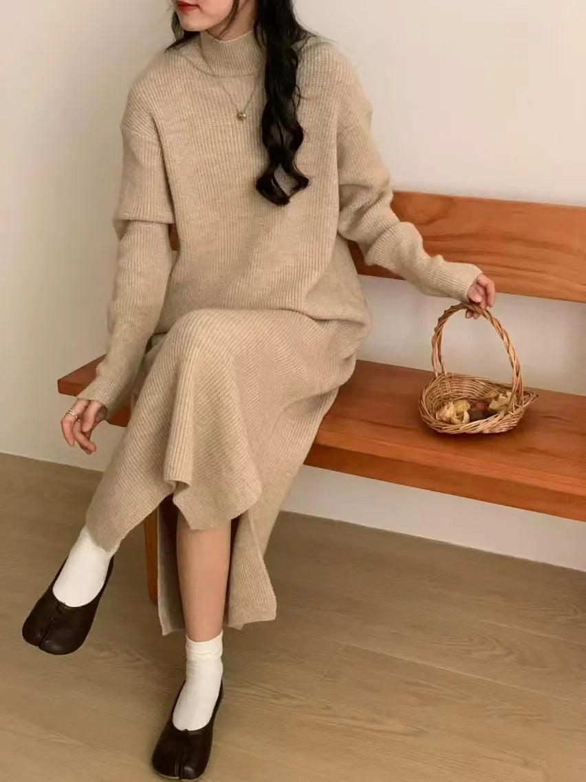 Women's acrylic knitted dress with half turtleneck, long sleeves, and midi length in solid colour