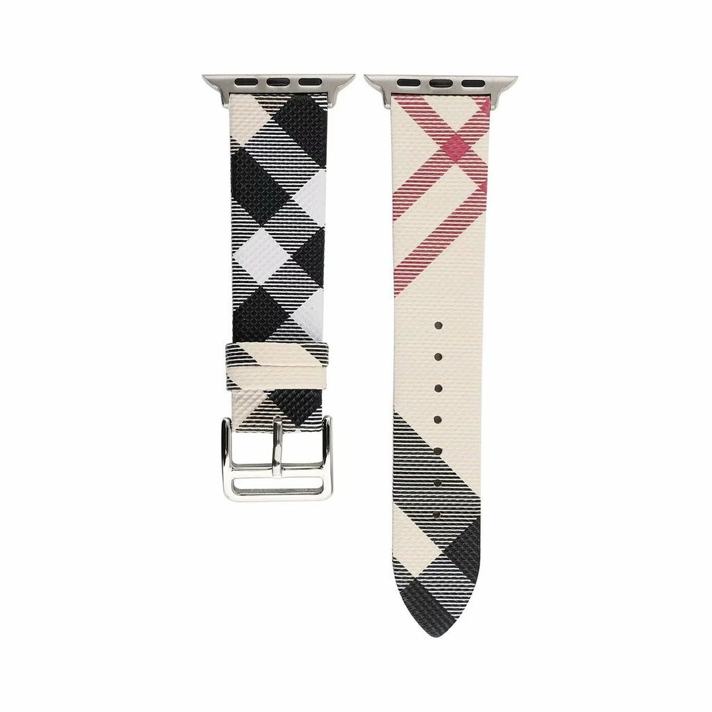 Grey plaid PU watch strap with long and short strip lengths for 38mm to 45mm watch cases