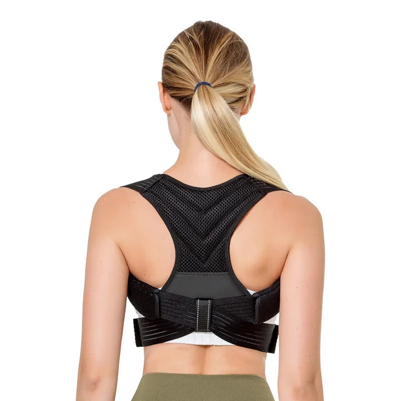 Black adjustable anti-humpback posture correction belt shown on a model, highlighting the straps and upper back coverage.