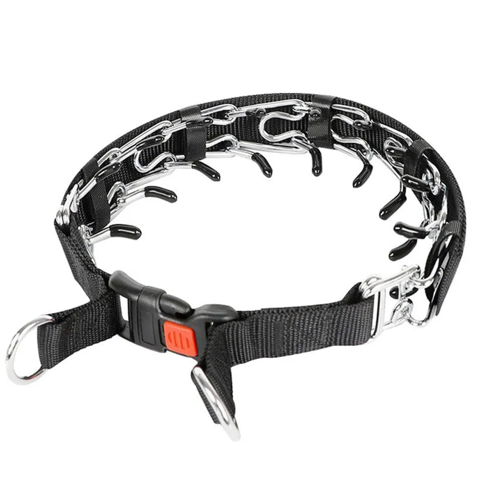 Metal spiked dog training collar with a removable blue reflective cover, shown in large size.