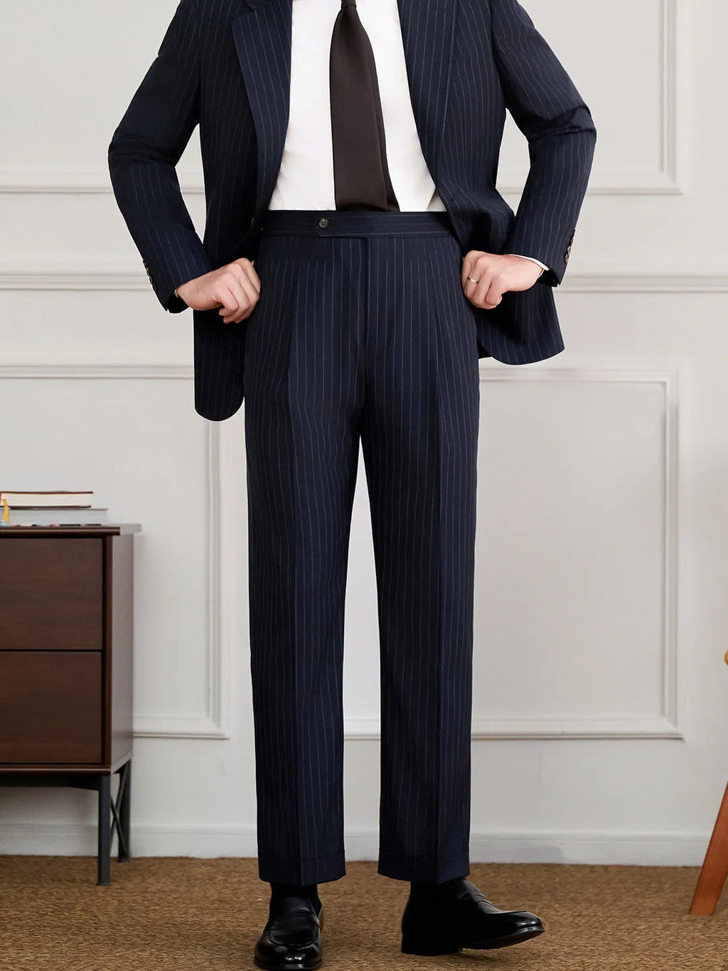 Men's Neapolitan striped trousers, mid-high waist, straight-leg, dark blue or dark grey, polyester, sizes 29-36