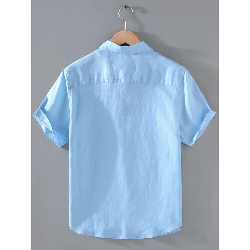 Men's casual short-sleeved linen shirt in regular fit showing colour options including apricot, dark blue, and gray