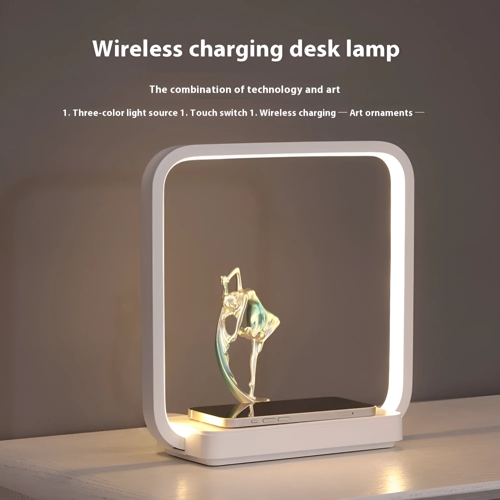 Blue and yellow wireless charging table lamp with mobile phone on charging pad