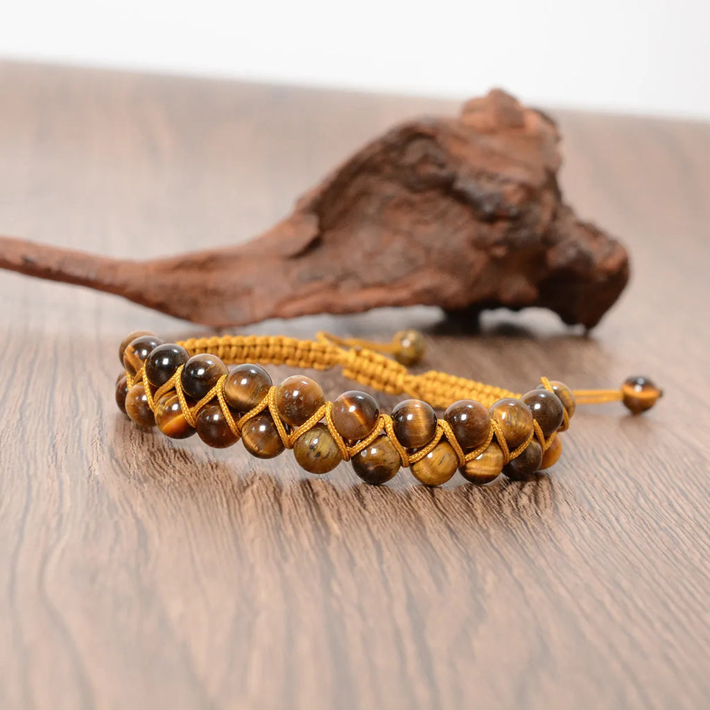 Tigereye hand-woven double layer bracelet with 6mm round beads and adjustable lanyard