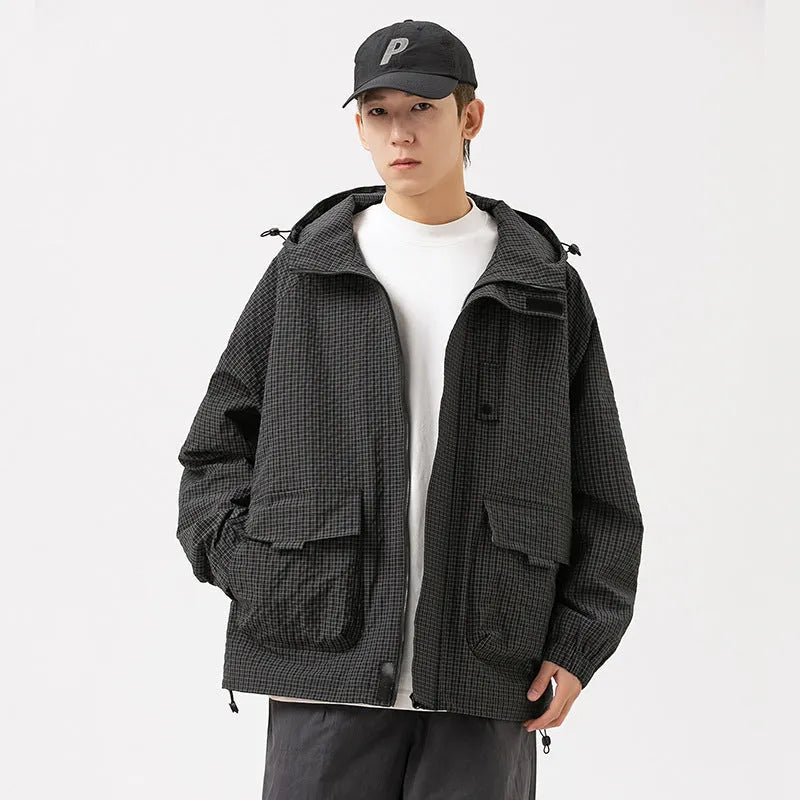 Men's hooded assault jacket in black, purple, green or caramel, loose polyester workwear coat with side pockets, sizes S-3XL