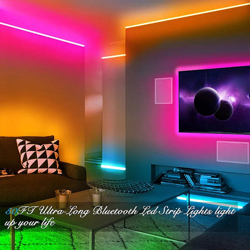 Bluetooth-controlled RGB LED light strip kit with 44-key remote and optional IP65 waterproof coating