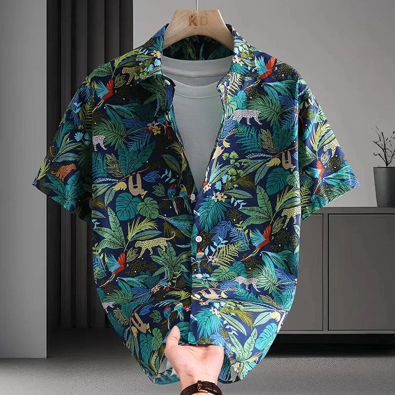 Men's Hawaiian-style floral cotton short sleeve shirt in cardigan design with open front