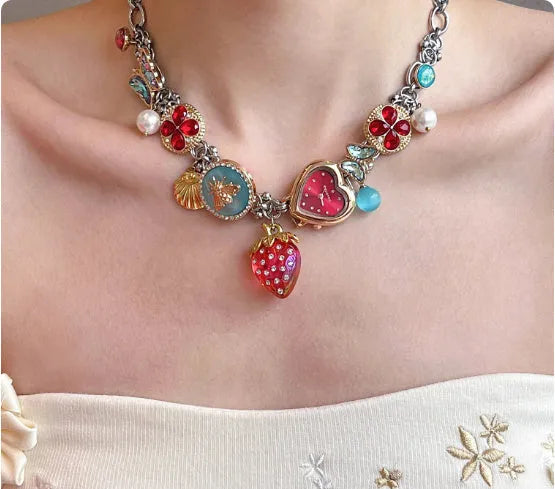 Red titanium steel necklace with strawberry, clock and butterfly charms, 1pc online exclusive accessory