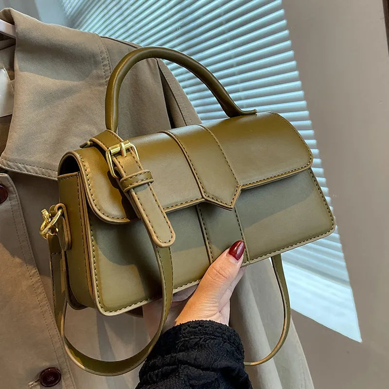 Women's beige PU leather messenger bag with sandwich pocket and horizontal square design