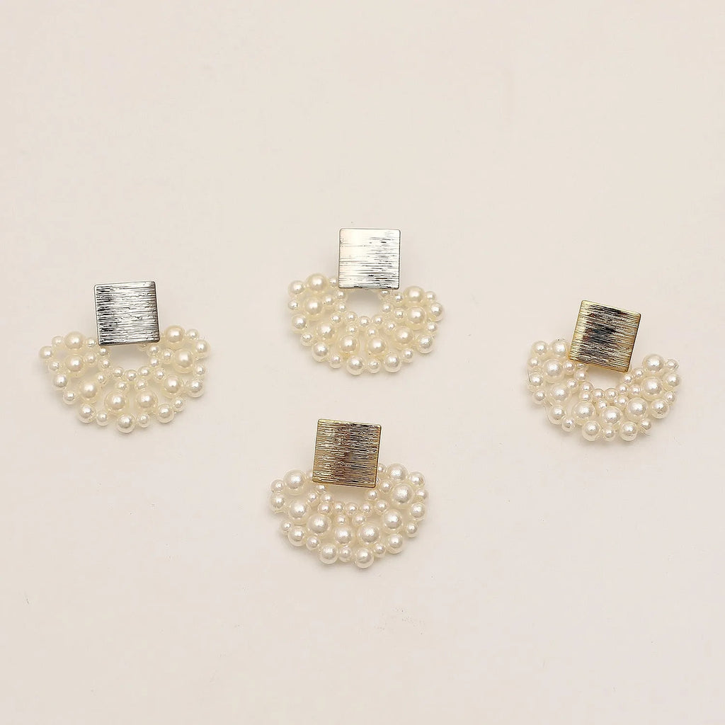 Handmade woven scalloped pearl stud earrings in 14K true gold electroplating alloy