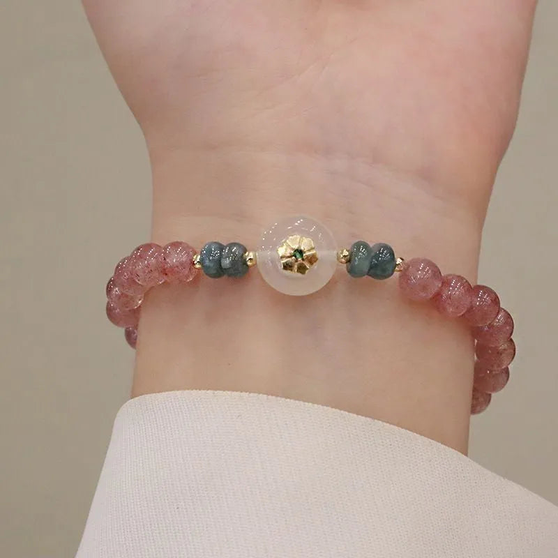 New Chinese style women's bracelet with strawberry quartz, blue water emerald pendant, geometric design