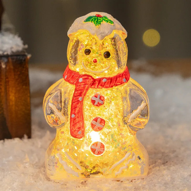 Glowing Christmas gingerbread man snowman ornament with scarf in plastic, 10.5cm tall