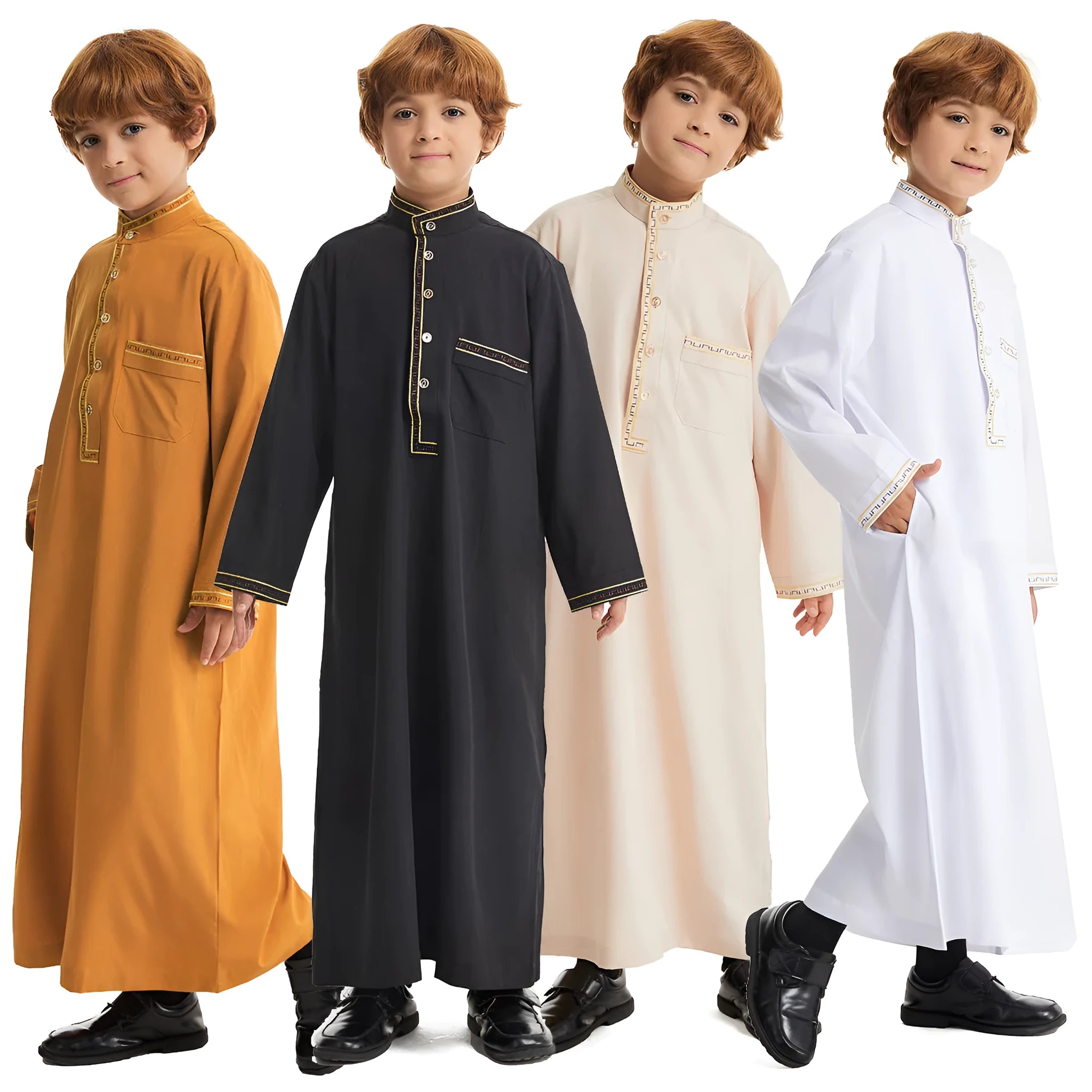 Middle East boy robe stand collar button long shirt solid colour white black beige camel for heights 110cm to 160cm