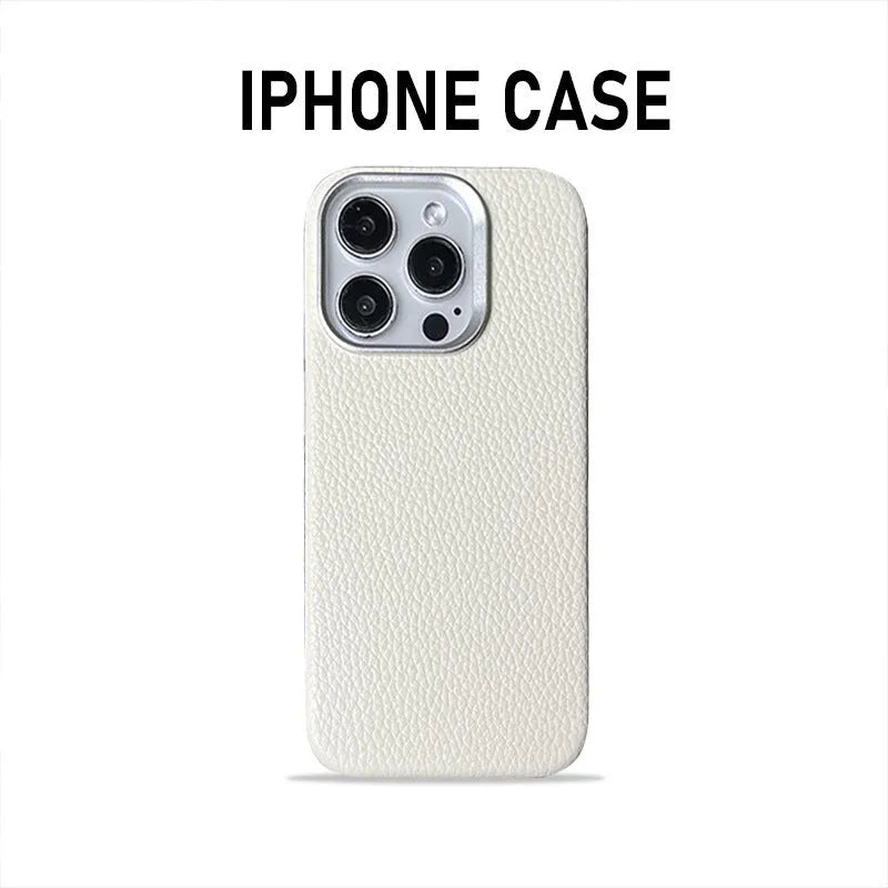 Plain leather magnetic phone case with lychee pattern in dark green, drop-resistant protective cover for iPhone