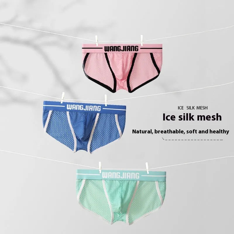 Men's black Ice Silk triangle briefs with mesh breathable fabric on a solid background.
