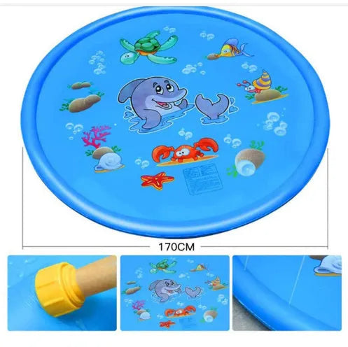 Blue PVC children's water spray play mat with marine animal designs measuring 100cm by 170cm