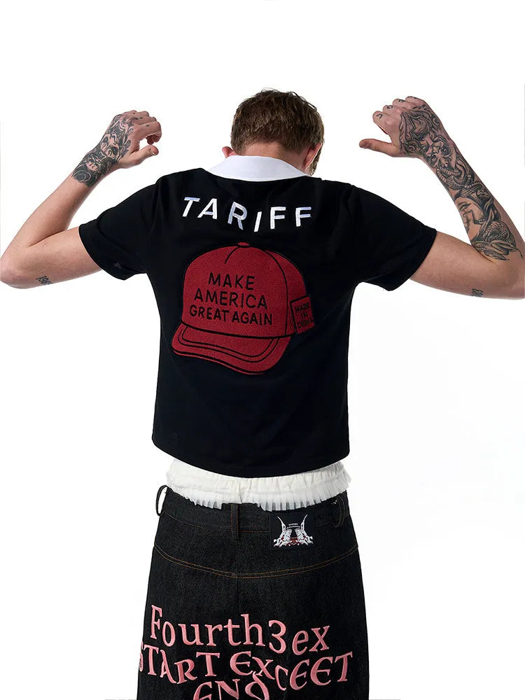 Black slim fit men's t-shirt with polo collar and embroidery detailing on short sleeves