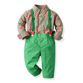 Boys green plaid long-sleeved shirt and overalls set on child model