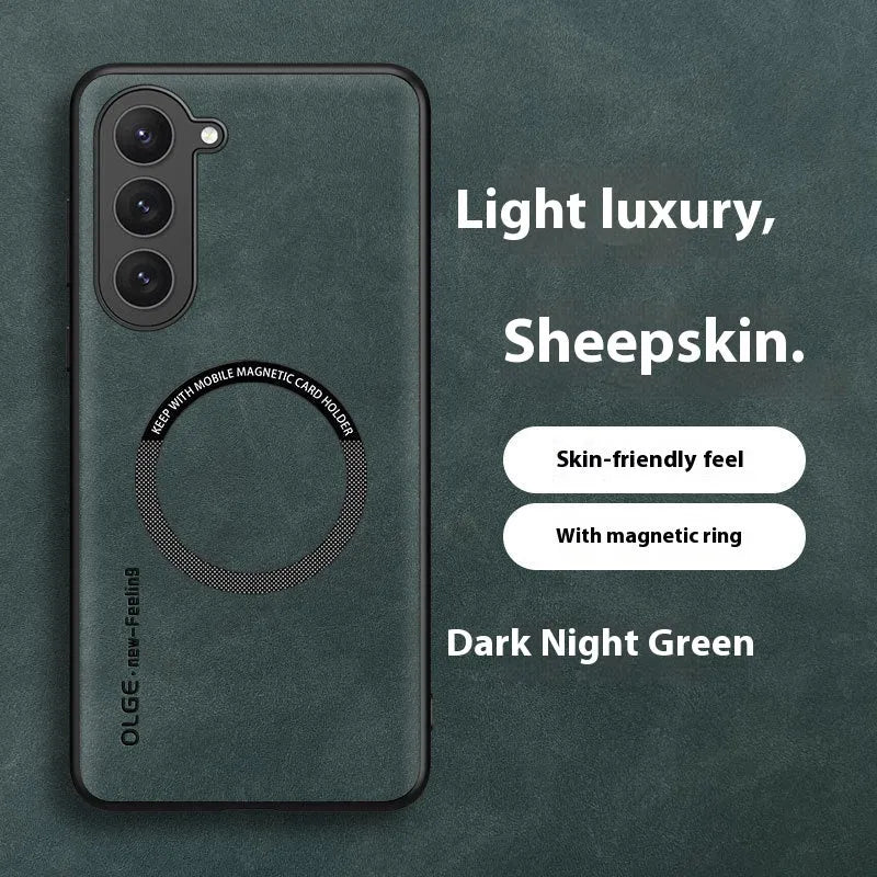 Samsung magnetic wireless charging phone case in graphite black imitation leather, back cover design
