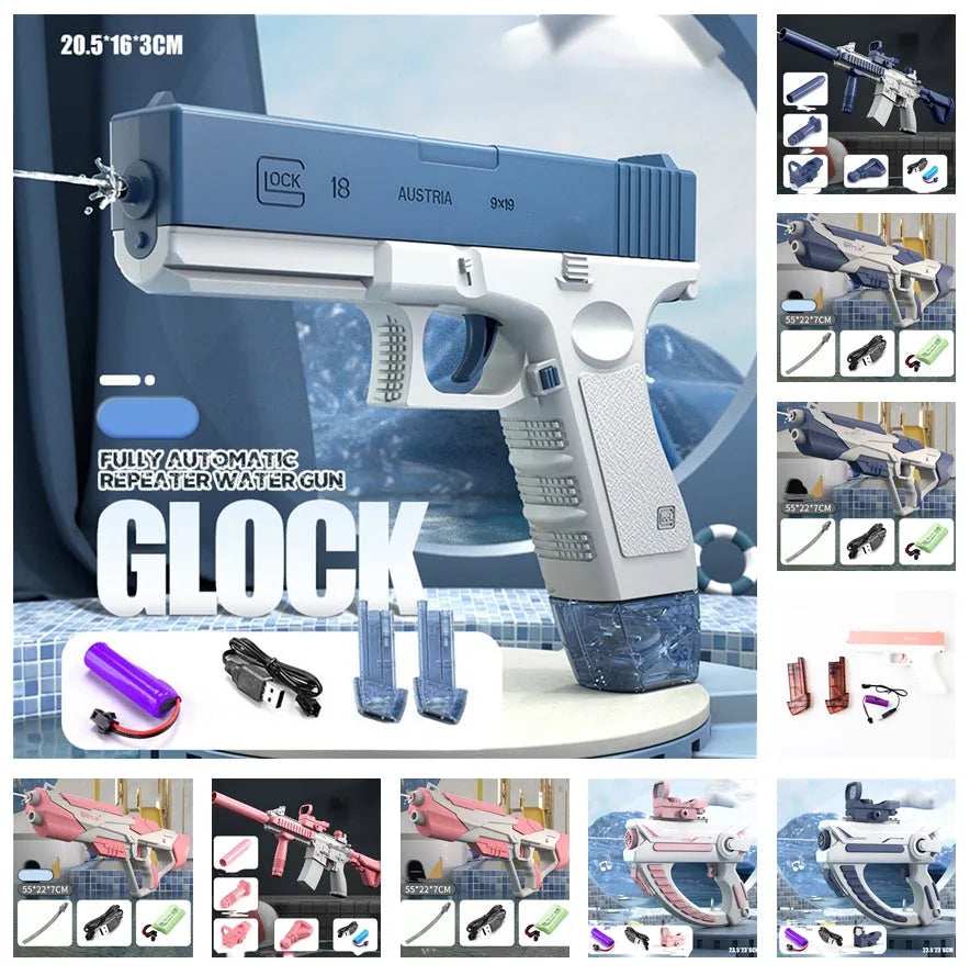 Blue plastic electric water gun with USB charging cable and 358ml water capacity for outdoor use.