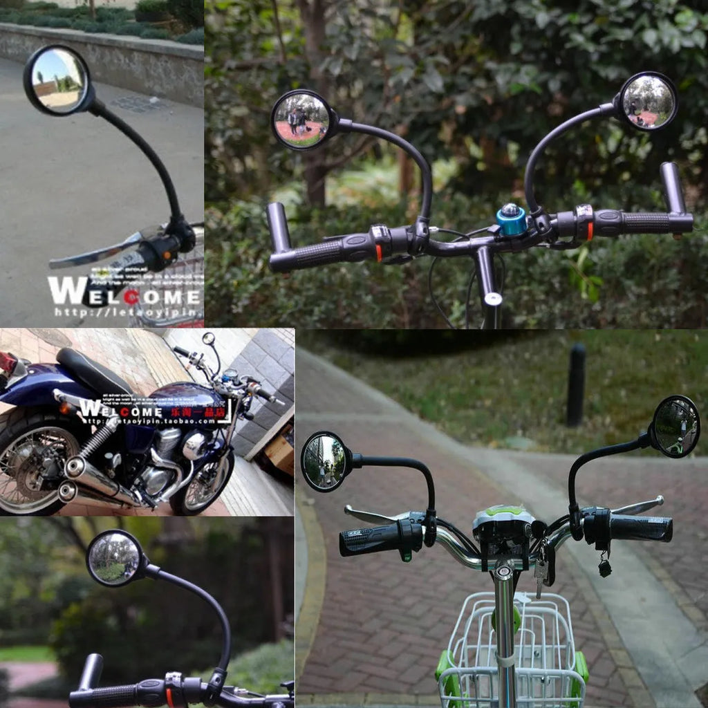 Black metal bicycle rearview mirror with hose adjustment clamp attached to handlebar