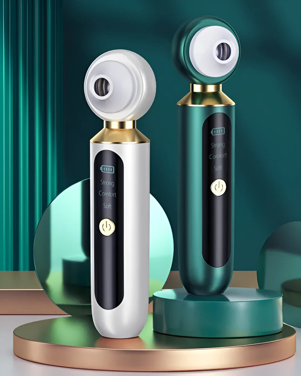 Portable visual blackhead remover with convex lens, three suction tips, and LED light in green