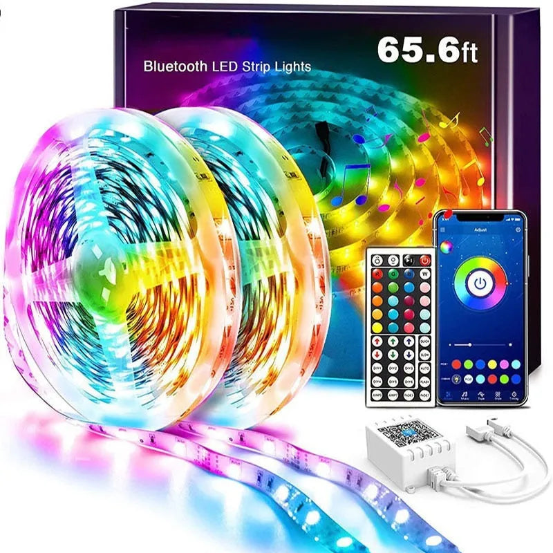 Bluetooth-controlled RGB LED light strip kit with 44-key remote and optional IP65 waterproof coating