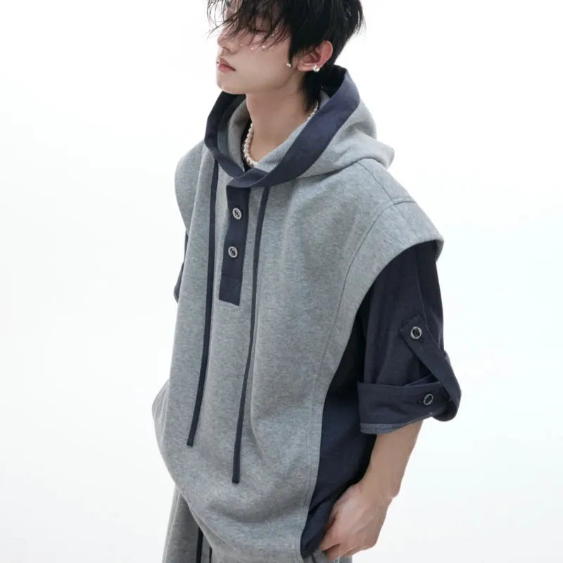 Men's heavy industry sports leisure suit with hooded short sleeve sweater and trousers in polyester fabric