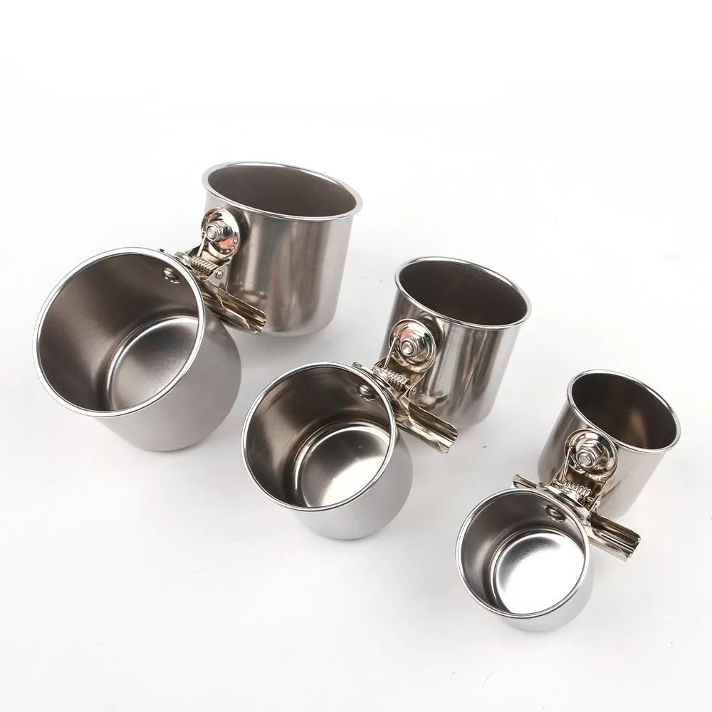 Stainless steel birdcage outdoor feeder in natural metal colour, shown in three size options.