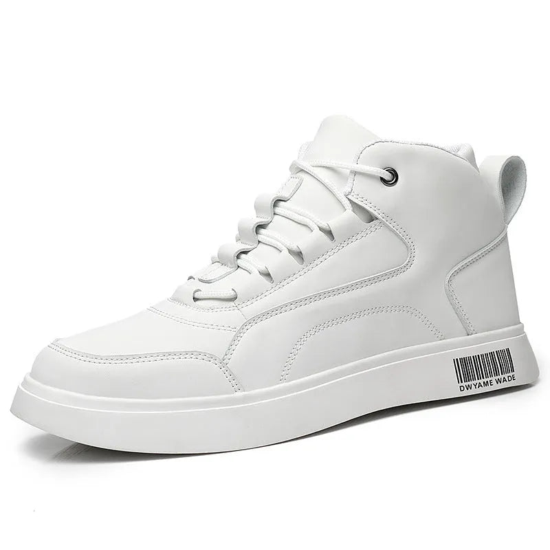 Men's white mid-top casual shoes with rubber soles and front lace-up design