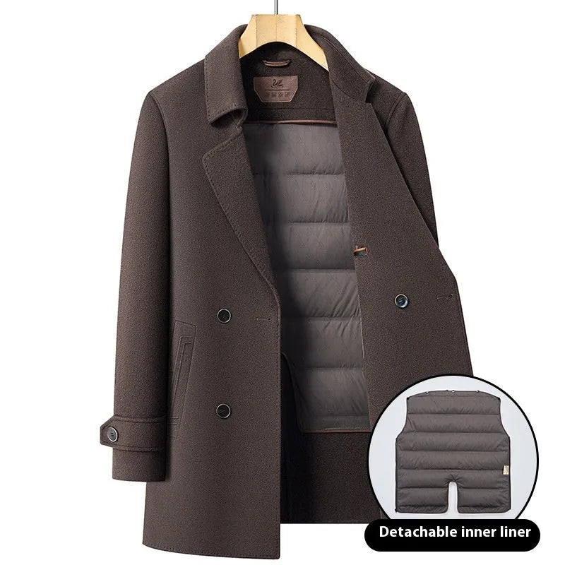 Men's mid-length double-sided wool overcoat with suit collar, rabbit fur, side seam pockets, brown dark grey black