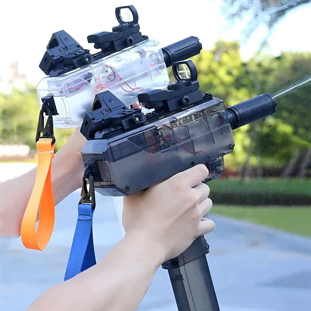 Uzi-style transparent electric water gun toy with accessories on blue background
