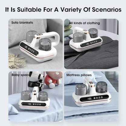 Cordless handheld vacuum cleaner with powerful suction and UV sterilization for effective dust mite removal from mattresses and bedding