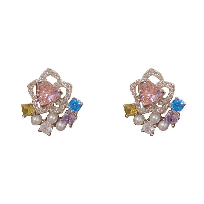 Full diamond silver petal stud earrings for women with real gold plating over copper in a flower shape