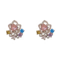 Full diamond silver petal stud earrings for women with real gold plating over copper in a flower shape