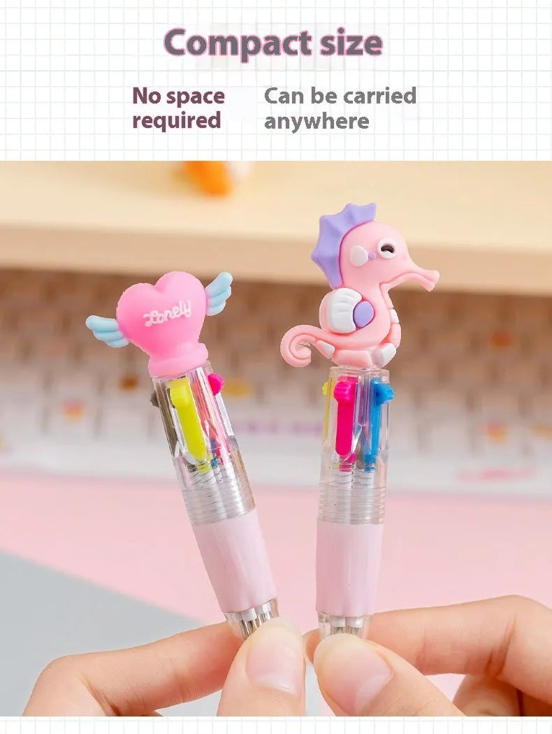 Four-colour press ballpoint pen with cartoon design showing cactus, fast food, fruits, heart wings, or seahorse themes
