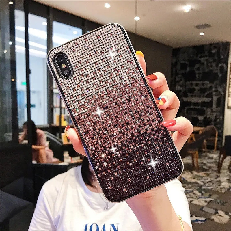 Gradient edge drill phone case for iPhone with rhinestones, anti-fall TPU PC back cover in coffee purple blue green