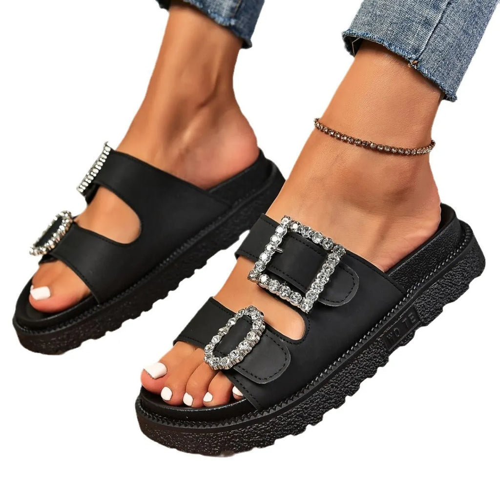 Rhinestone belt buckle platform sandals with round toe, PU upper, and rubber sole in black and white colours