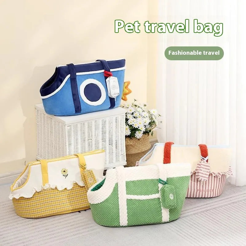 Shoulder cat bag with short plush lining in green, red stripes, or yellow colour options for small pet transport
