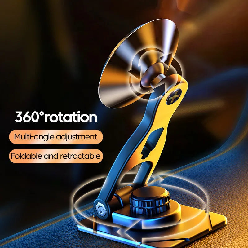 Telescopic folding magnetic car phone holder in black or silver mounted on a vehicle dashboard.