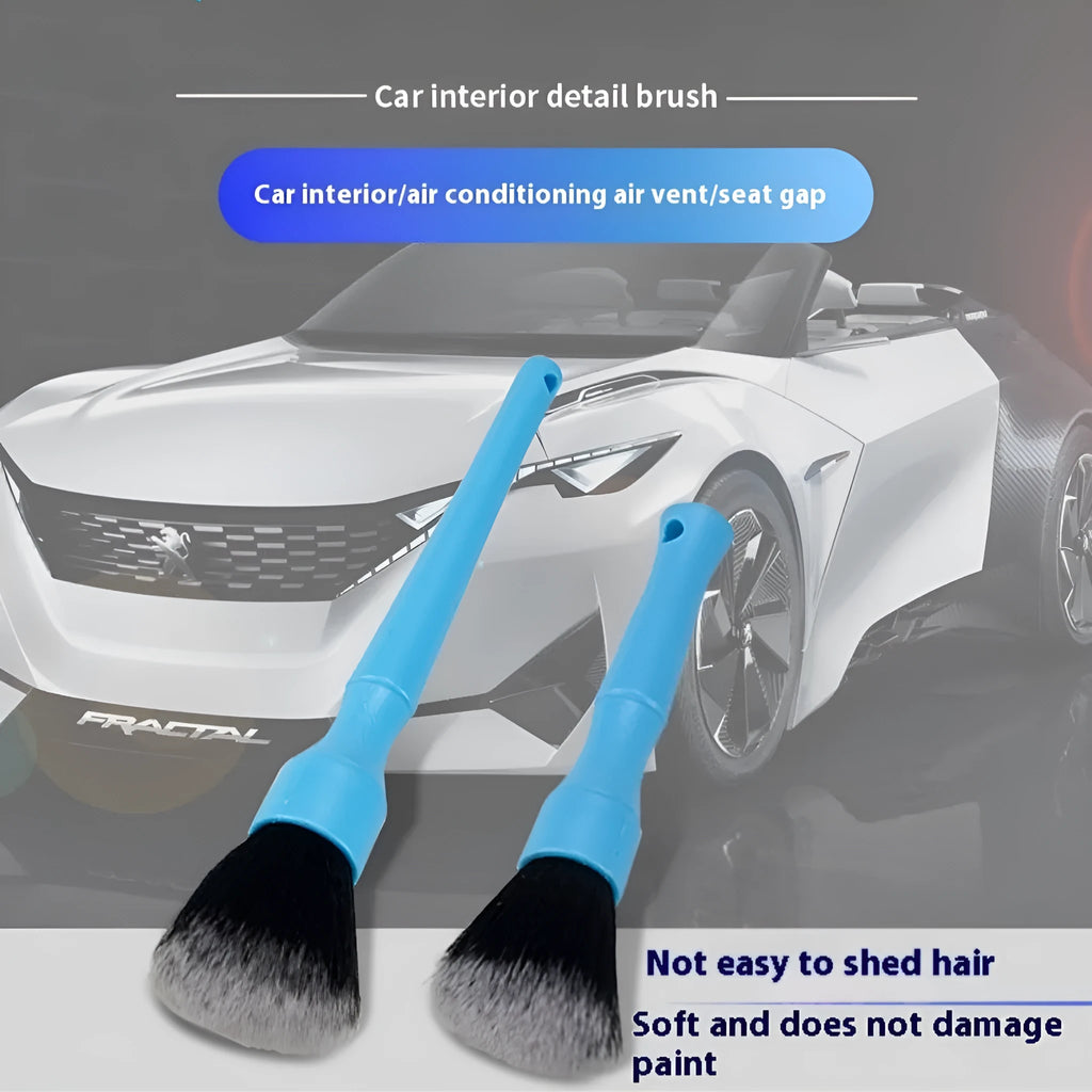 Soft nylon car detail brush for interior cleaning, available in black, blue, or red with short or long handle