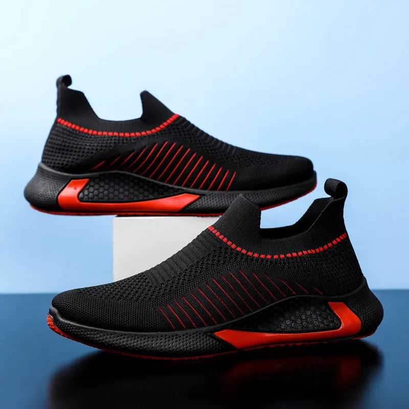 Men's mesh sock slip-on sneakers with striped design and flyknit upper in black colour