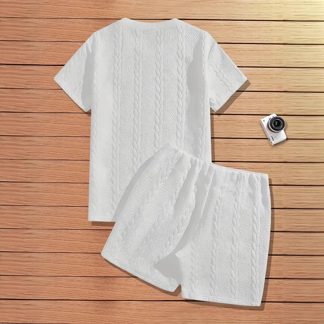 Men's black solid colour short sleeve ribbed T-shirt and matching shorts sportswear set with patch design