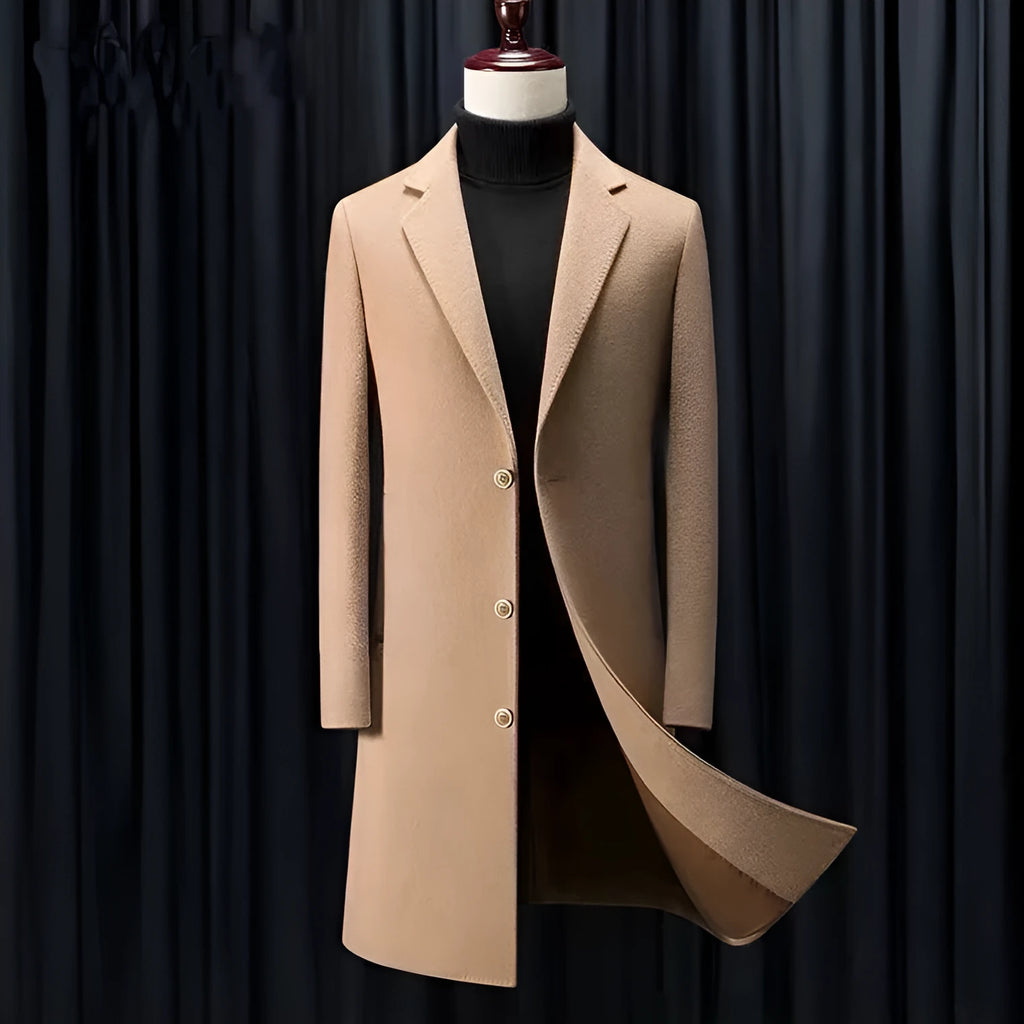 Men's slim fit wool trench coat in black from the front