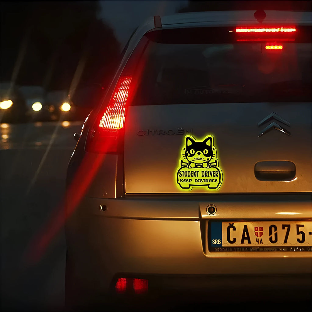 Set of three magnetic reflective stickers with cat, panda, and duck designs for waterproof safety use.