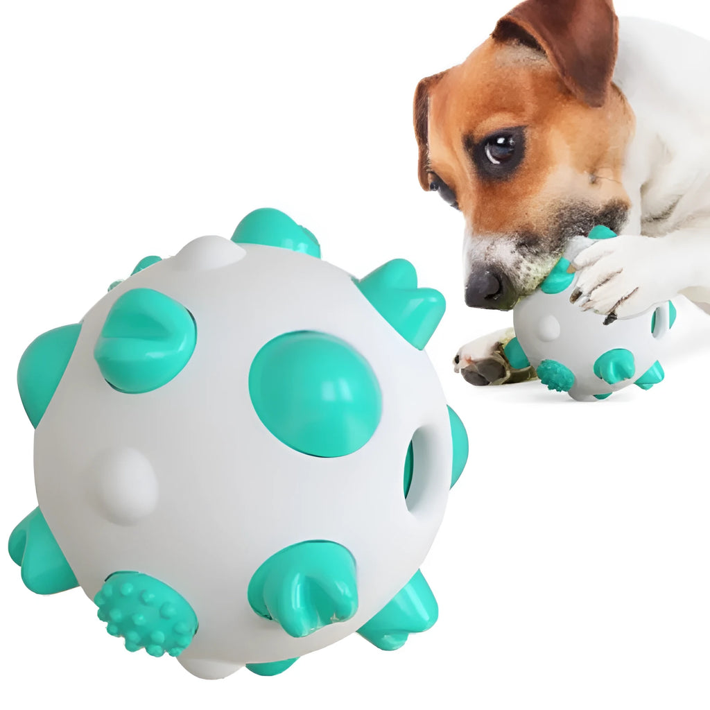 Blue green and yellow spherical dog chew toy with textured bumps and a hollow centre hole for treats.